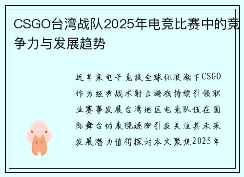 CSGO台湾战队2025年电竞比赛中的竞争力与发展趋势