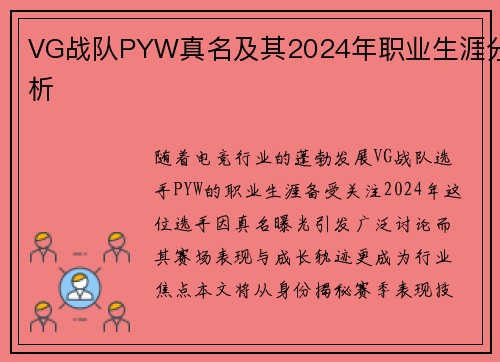 VG战队PYW真名及其2024年职业生涯分析