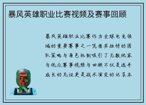 暴风英雄职业比赛视频及赛事回顾